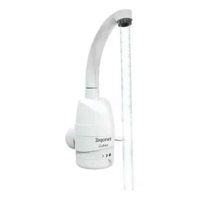 Torneira Elétrica Zagonel Luna 5500W Parede 4 Temperaturas Bica Alta Giratória 360° Cozinha Arejador Antirrespingo Branca Polida