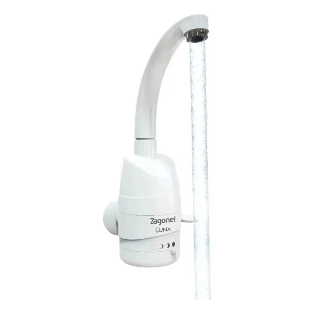 Torneira Elétrica Zagonel Luna 5500W Parede 4 Temperaturas Bica Alta Giratória 360° Cozinha Arejador Antirrespingo Branca Polida