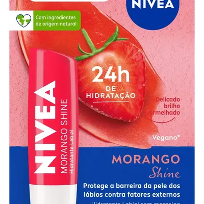 NIVEA Hidratante Labial Morango Shine 4,8g, BBB 26, Hidratação Intensa 24h, Cor Suave, Brilho Delicado, Cuidado Diário, Manteiga de Karité