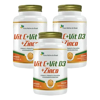 Pack com 3 Potes de Vitamina C, D3 e Zinco em Cápsulas Flora Nativa