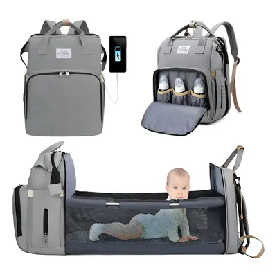 Bolsa Mochila Maternidade Vira Berço Troca Bebê Porta Frauda Cor Cinza Desenho do tecido Liso