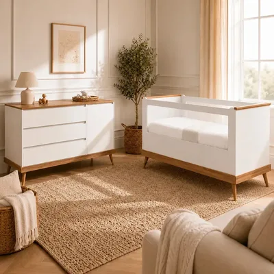 Quarto Bebê Completo Retrô Berço E Cômoda Pé Palito Branco