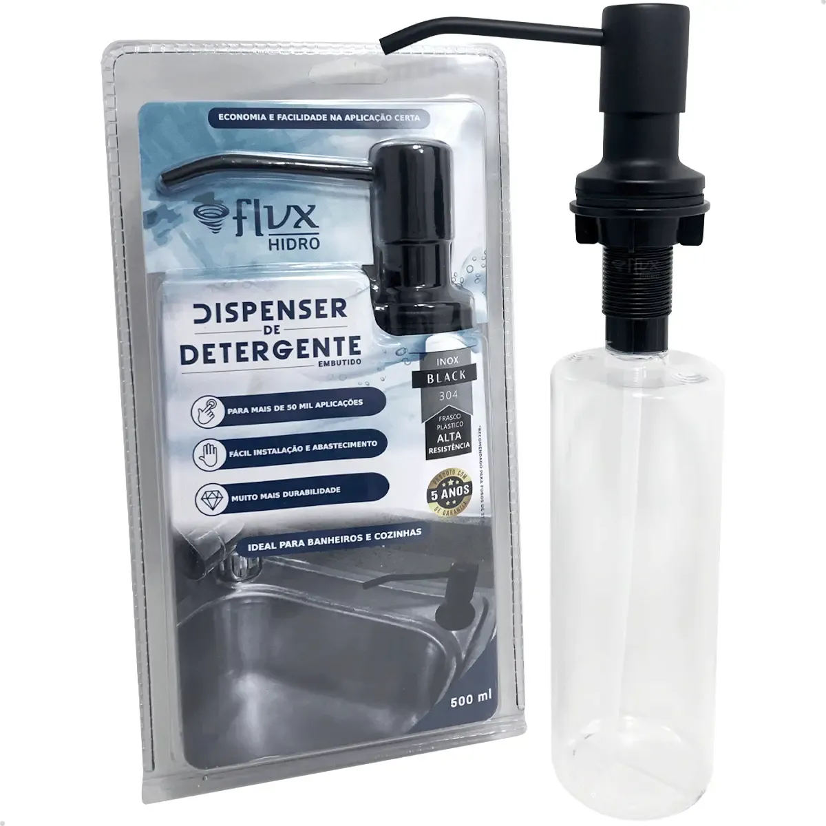 Porta Detergente Embutir Flvx Hidro Preto Fosco Aço Inox 500ml