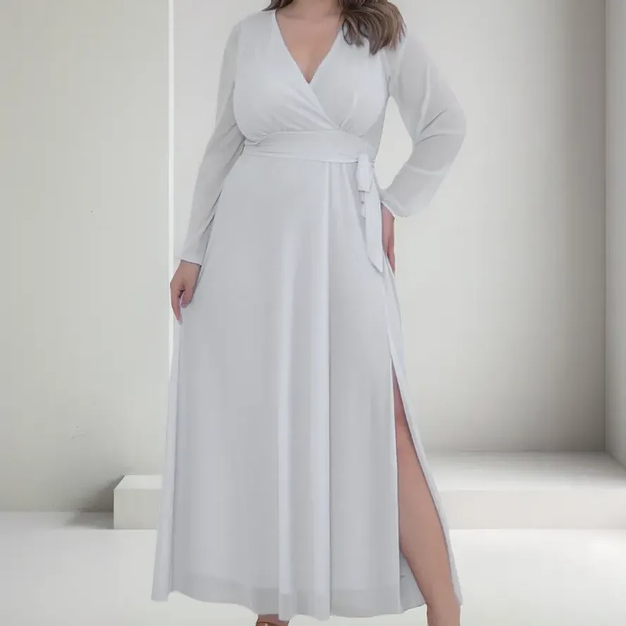 Vestido Longo Tule Com Fenda Elegante Plus Size