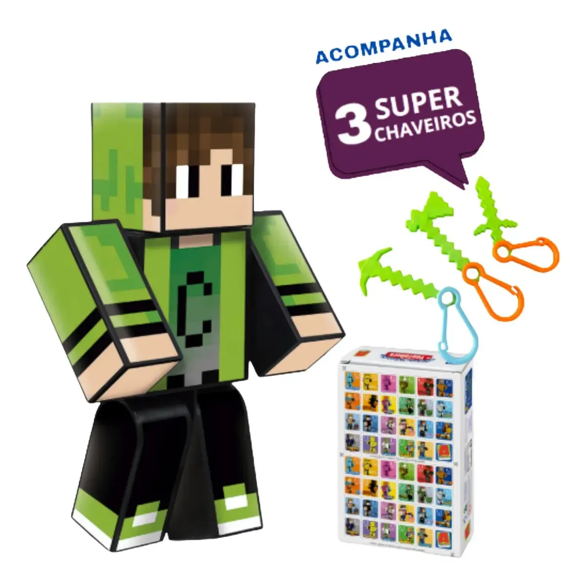 Boneco Articulado Coleção YouTubers Cadres Youtuber 25cm + 3 chaveiros + Jogo memoria