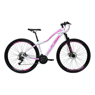 Bicicleta Aro 29 KSW Mwza 24 Marchas Câmbios Shimano Freio a Disco Cor Branco/Pink_Violeta Tamanho do quadro 15