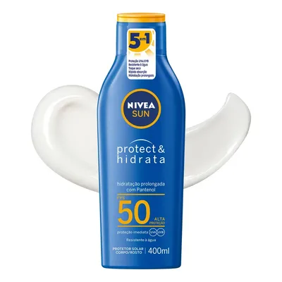 NIVEA SUN Protetor Solar Protect & Hidrata FPS 50 400ml, Alta Proteção UVA/UVB, Hidratação Prolongada, Rápida Absorção, Pantenol, Cuidado Solar Corporal e Facial