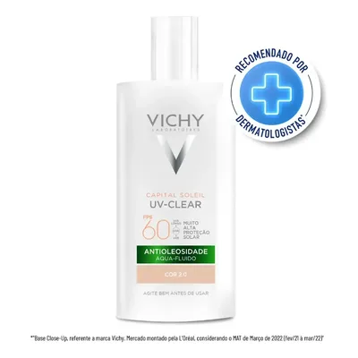 Protetor Solar Facial Antioleosidade Toque Seco, FPS 60, Reduz Acne e Poros Acabamento Invisível Com Niacinamida e Ácido Salicílico, Cor 2.0, Capital Soleil UV-Clear Vichy 40g