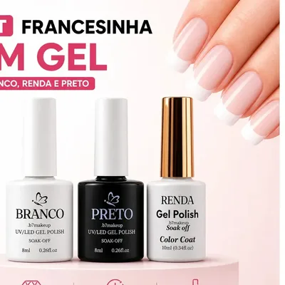 Kit Esmalte Francesinha Em Gel D&z Dalin Led Uv Unhas Manicure Cor Branco Renda e Preto
