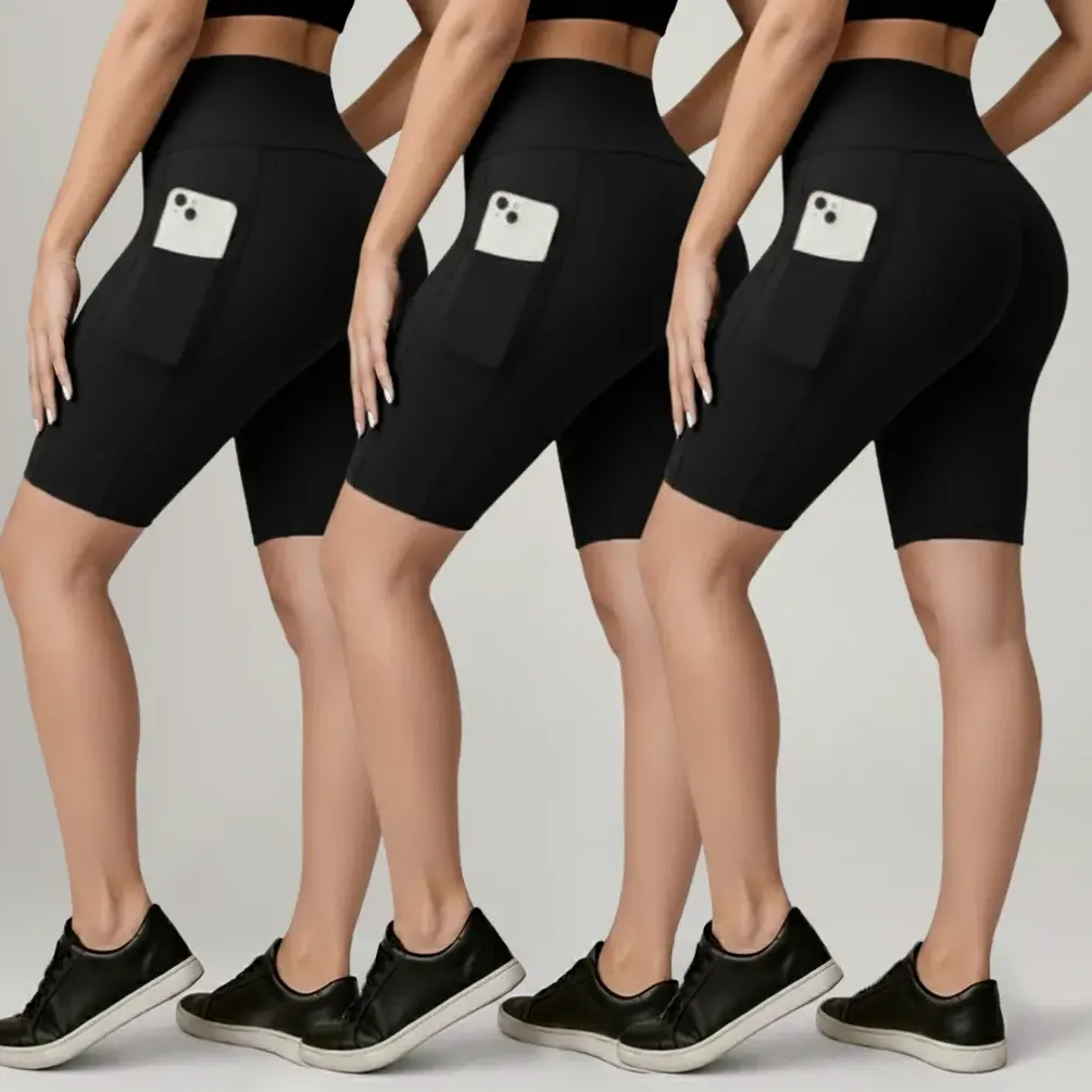 Kit 3 Shorts Legging Feminino Bermuda Cintura Alta Com Bolso