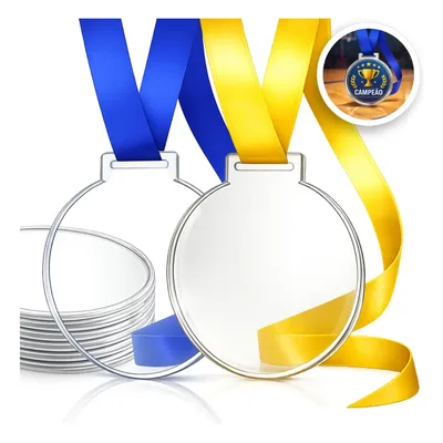 Medalha Acrílico Kit 100 Un - 5cm 2mm C/ Fita Azul & Amarela