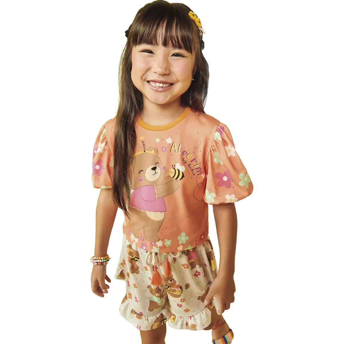 Conjunto Verão Kukiê Blusa Urso Abelha E Short Babado Urso
