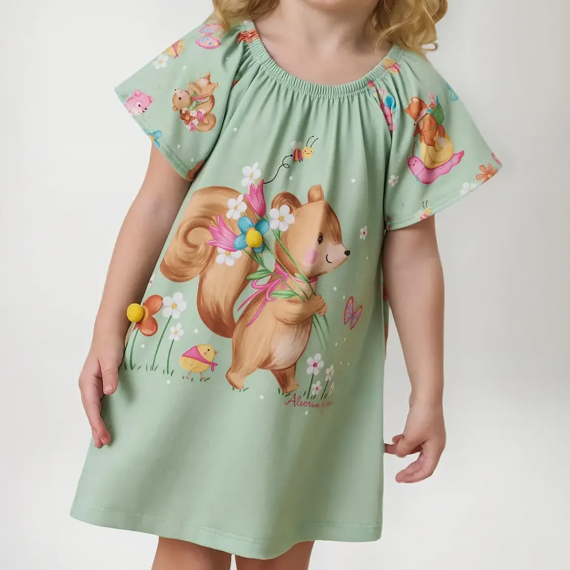 Vestido Infantil Malha Alecrim Bichos Verde Kukiê