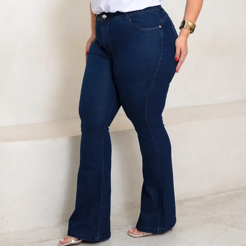 Calça Flare Jeans Modeladora Feminina Cintura Alta Boca Sino