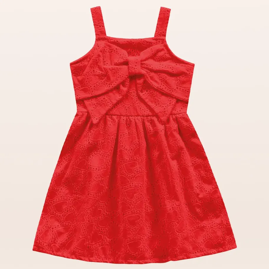 Vestido Infantil Em Laise Alça Laço Vermelho Corações Fakini