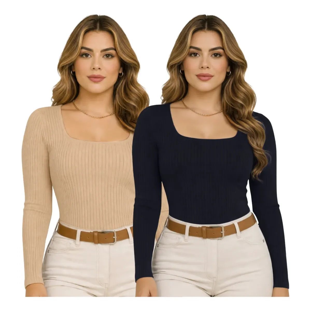 Kit 2 Blusa Feminina Decote Quadrado Inverno Manga Longa