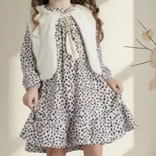 Vestido Infantil Leve E Colete Em Pelos Alekids