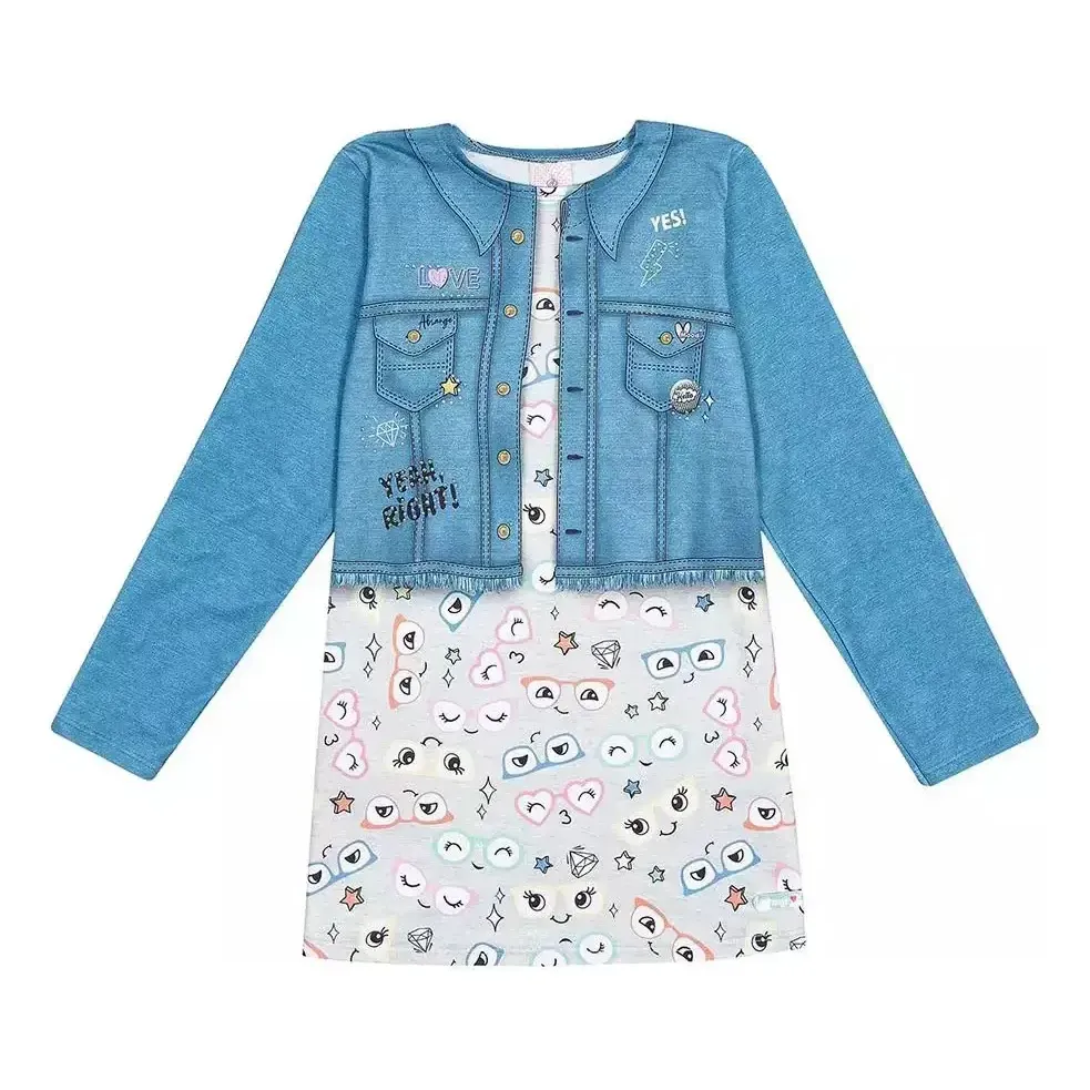 Vestido Infantil Total Print Estampa Jeans Abrange