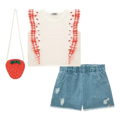 Conjunto Infantil Blusa Boxy Short Jeans Bolsa Morango Kukiê