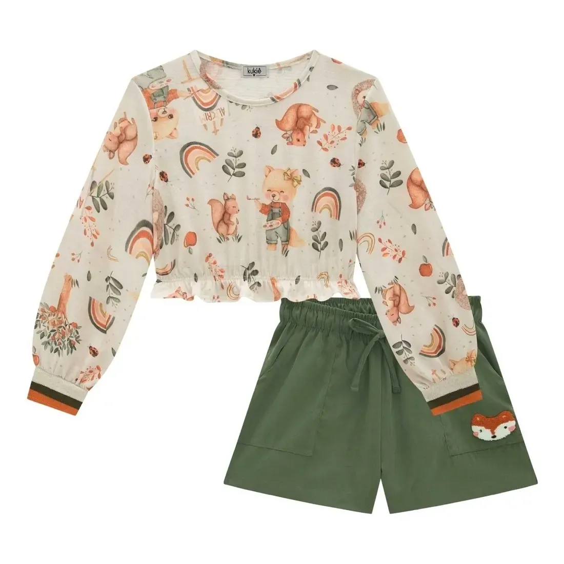 Conjunto Infantil Blusa Bichos Short Suede Kukiê Alecrim