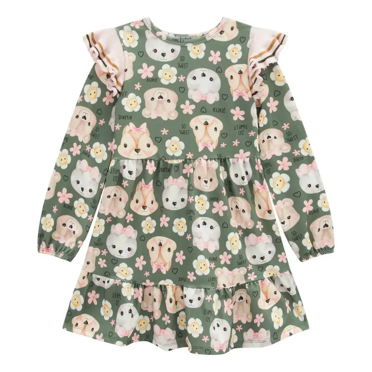 Vestido Infantil Manga Longa Verde Bichos Kukiê