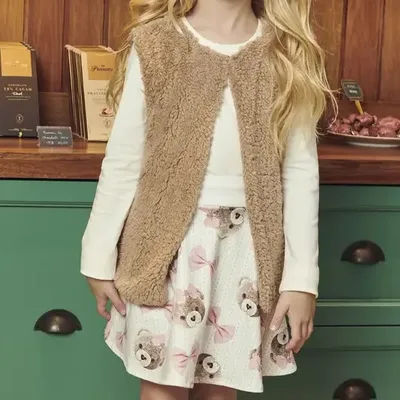 Trio Infantil Blusa Malha Colete De Pelos E Saia Ursas Kukiê