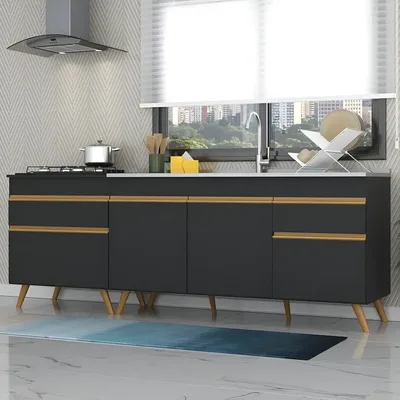 Kit Armário Balcão de Cozinha Gabinete para Pia 150cm e Balcão para Cooktop 70cm com Tampo Veneza GB Multimóveis MP2073 Preto