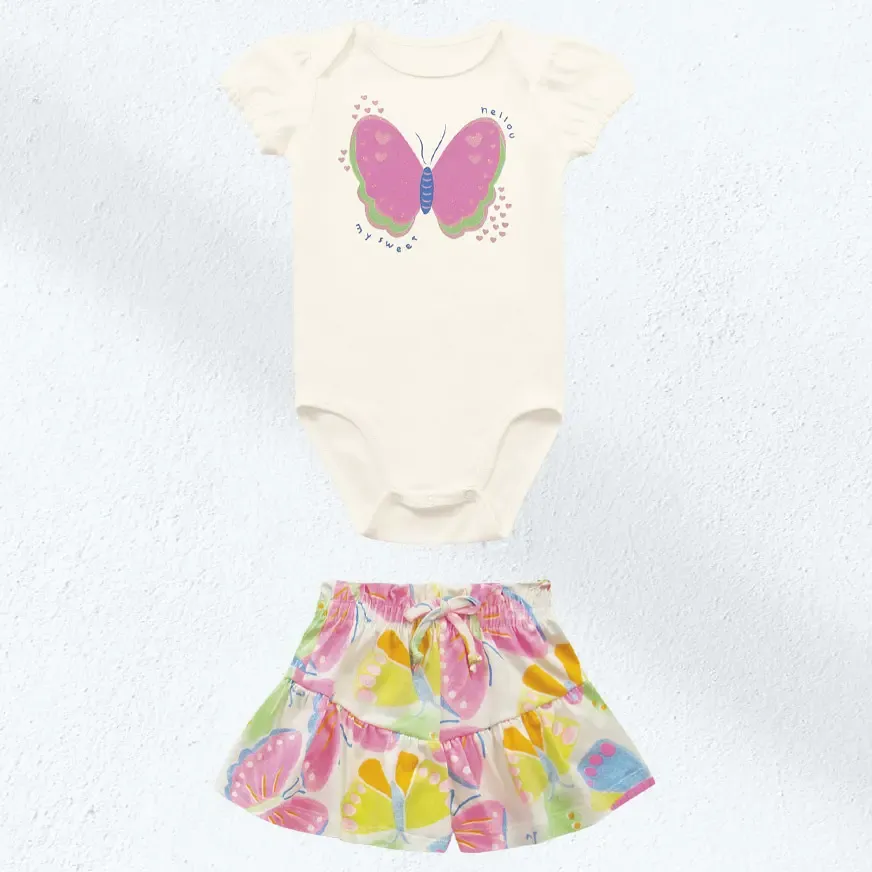 Conjunto Bebe Body Malha E Short Malha Borboletas Fakini