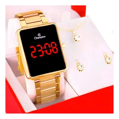 Kit Relógio Feminino Champion Digital CH40086V Dourado Pulseira em Elos em Aço Inoxidável com Colar e Brincos
