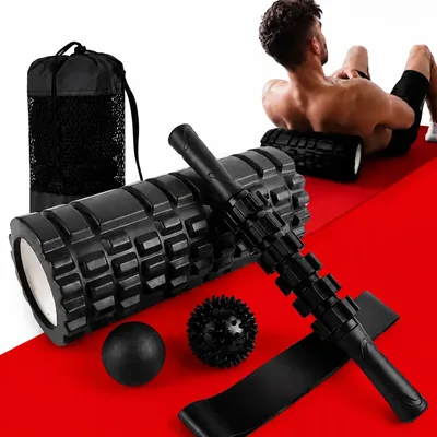 Kit 6- Rolo Miofascial Bastão Bolas Massagem Mini Band Bolsa Preto