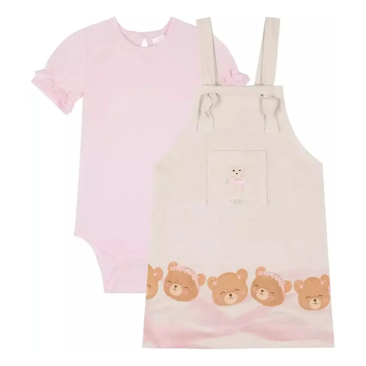 Conjunto Infantil Body Cotton Salopete Alça Linho Ursa Kukiê