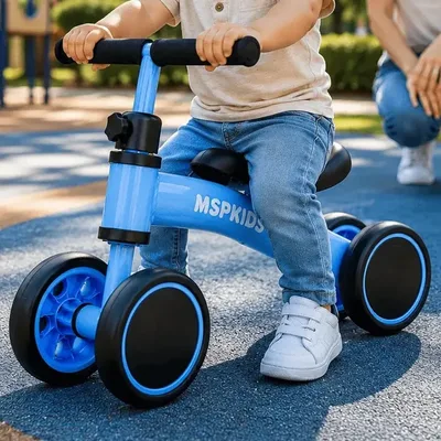 Bicicleta de Equilíbrio Infantil 4 Rodas Sem Pedal Bebê MSP Kids Azul, Estrutura em Aço Carbono, Guidão Ajustável até 140°, Assento Ergonômico, Pneus em EVA, Suporta até 20kg