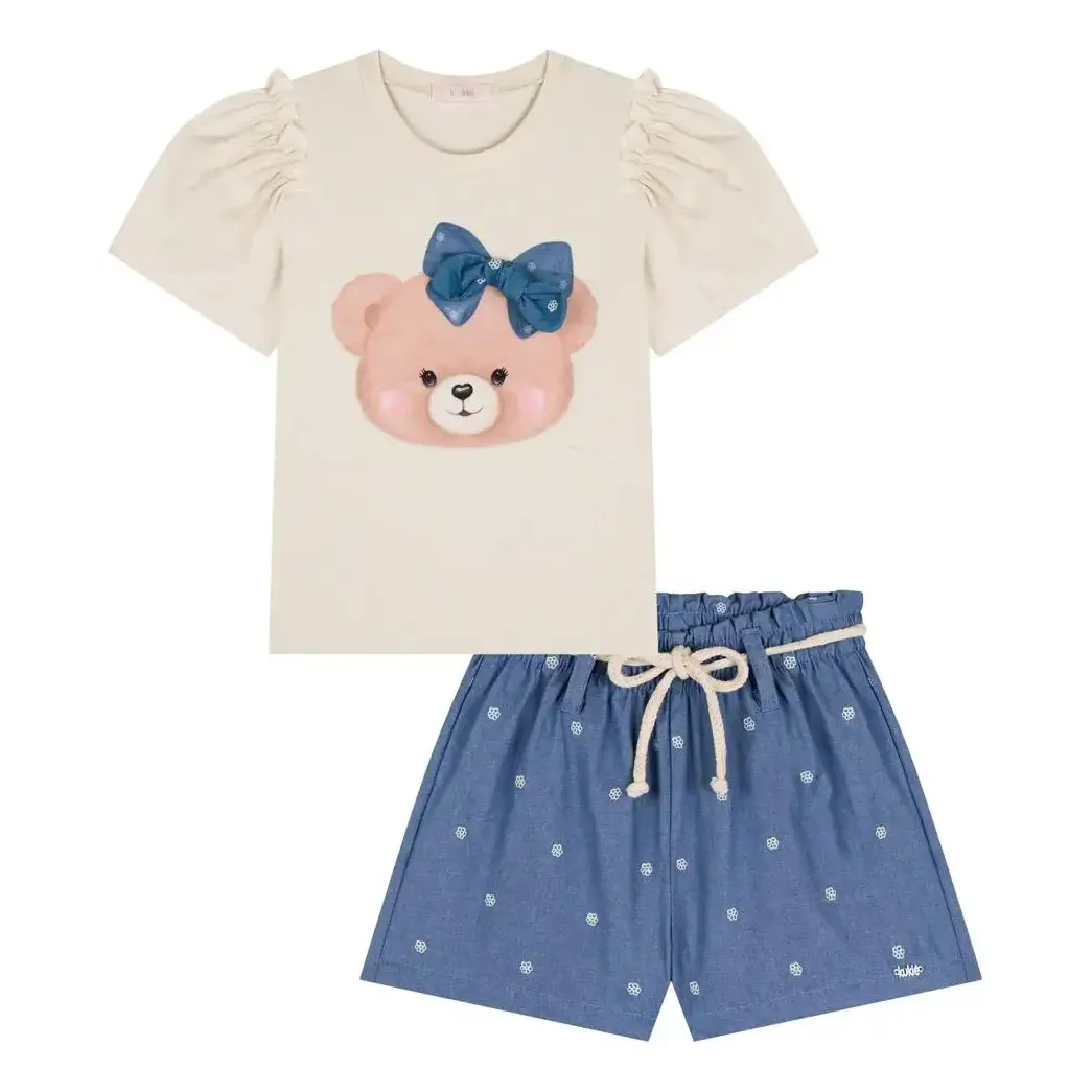 Conjunto Infantil Blusa Malha Ursa Short Jeans Bordado Kukiê