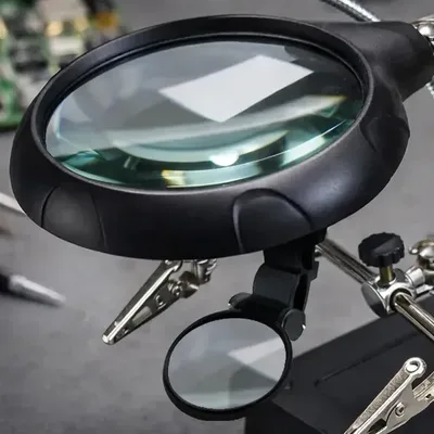 Lupa Mesa Bancada LED 10x Garras Suporte Solda Ampliação 2x 10x Estação Trabalho Eletrônica Iluminação USB Ajustável Base Estável Componentes Precisão - Pro Power