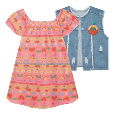 Vestido Colorido E Colete Jeans Alecrim Kukiê