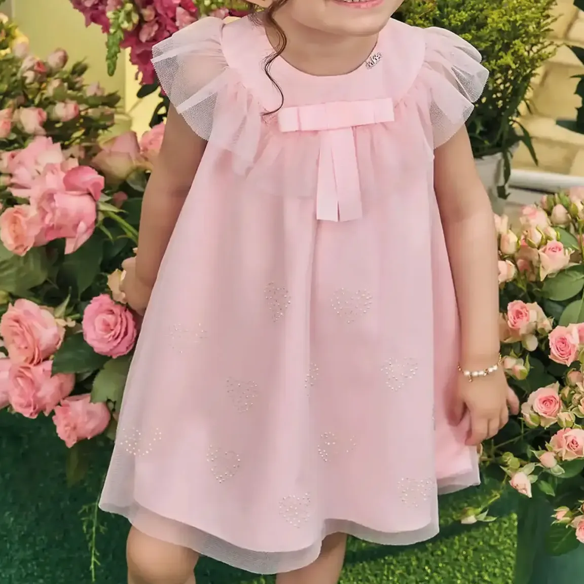 Vestido Infantil Em Tule E Strass Corações E Laço Rosa Kukiê