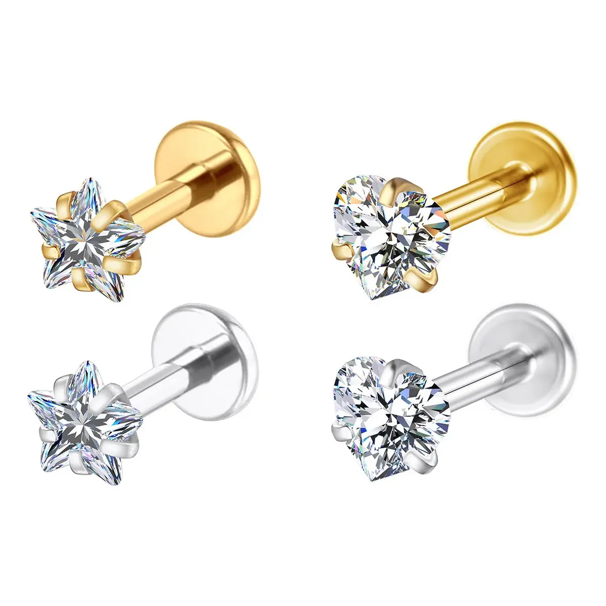 2 Peças Piercing Estrela E Coração Zircônia