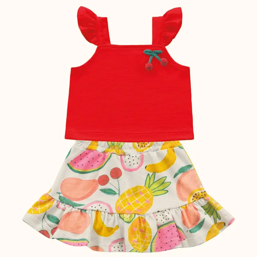 Conjunto Infantil Blusa Malha Short Saia Frutas Neon Fakini