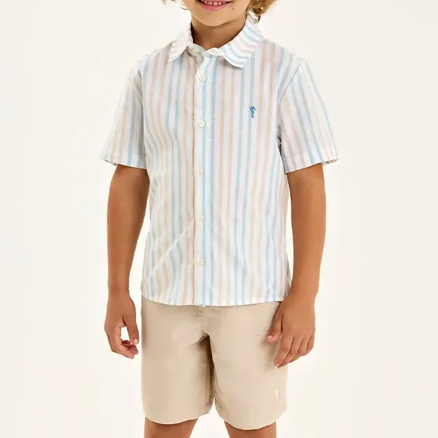 Conj Infantil Camisa Linho Short Sarja Listras Onda Marinha