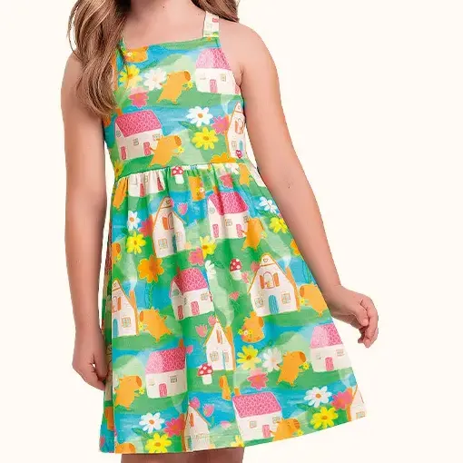 Vestido Infantil Em Malha Regata Capivara E Casinhas Fakini
