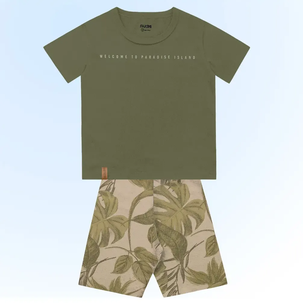 Conjunto Infantil Camiseta Paradise E Bermuda Floral Fakini