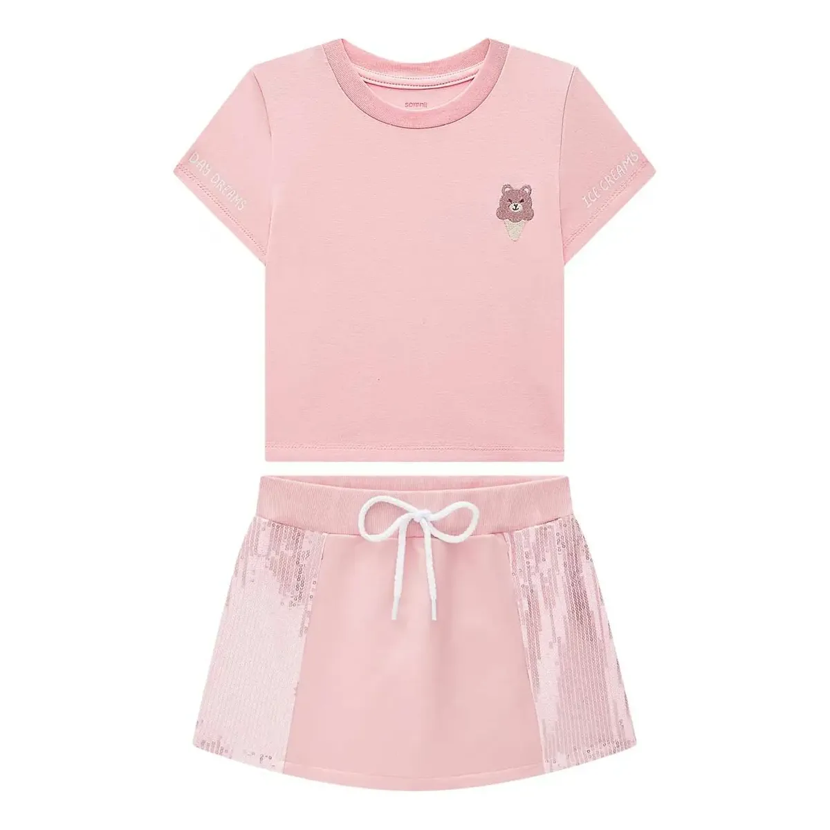 Conjunto Infantil Blusa Cotton Short Saia Paetê Rosa Somnii