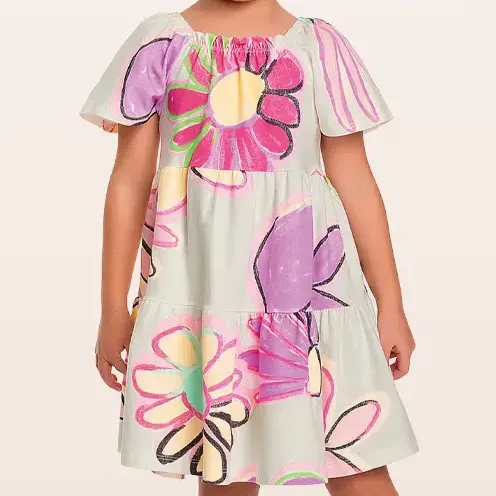 Vestido Infantil Malha Com Elastano Estampa Flores Fakini