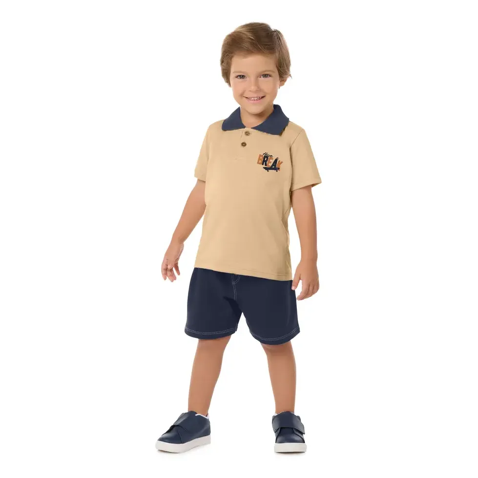 Conjunto Infantil Polo Malha E Bermuda Piquet Tile Sul