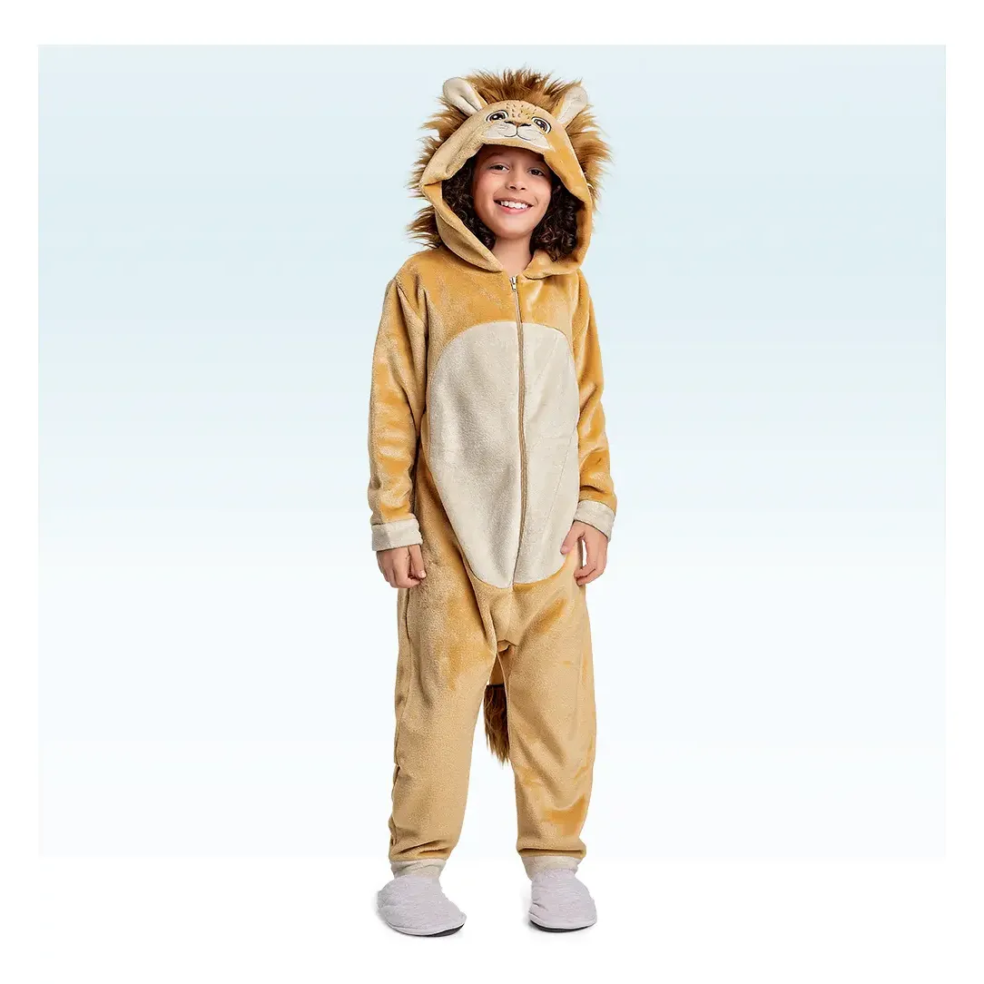Kigurumi Infantil Leão, Macacão Fantasia Fleece Capuz Fakini