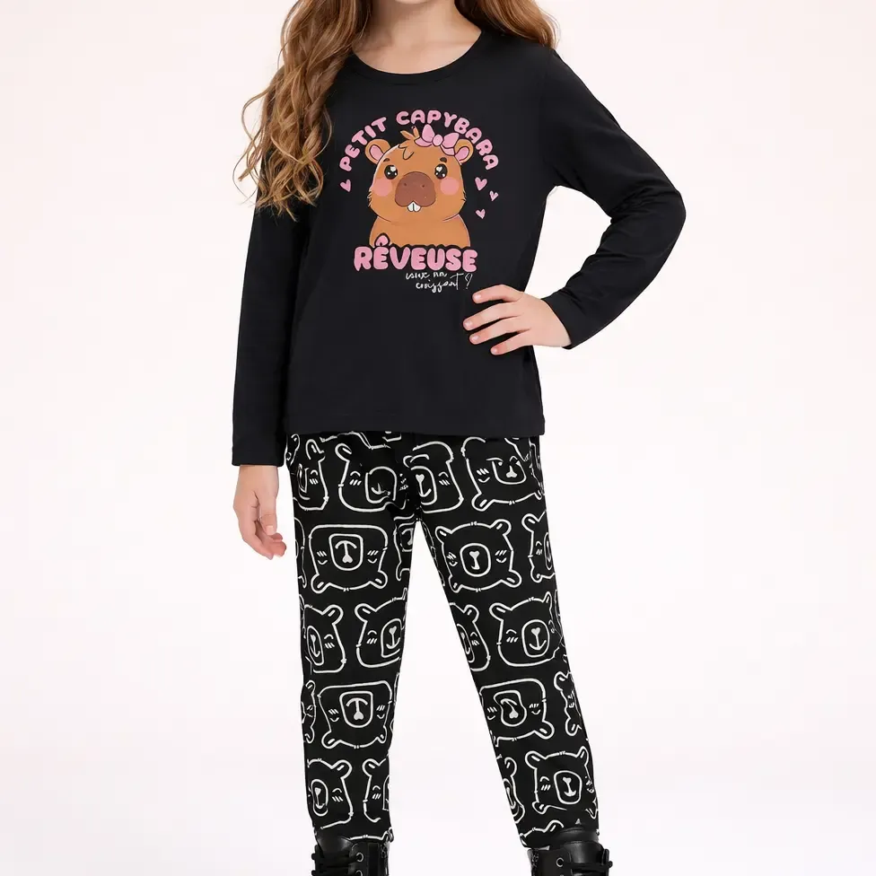Conjunto Infantil Juvenil Blusa Ml Capivara Legging Fakini