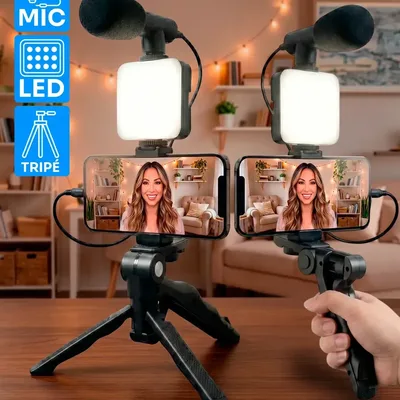 Kit de Gravação Youtuber Tiktoker Video Maker Estabilizador Com Microfone Tripé Led Vlog Profissional Para Celular iPhone/android Luz Led Para Gravação E Fotos Cor Preto - Good Vision