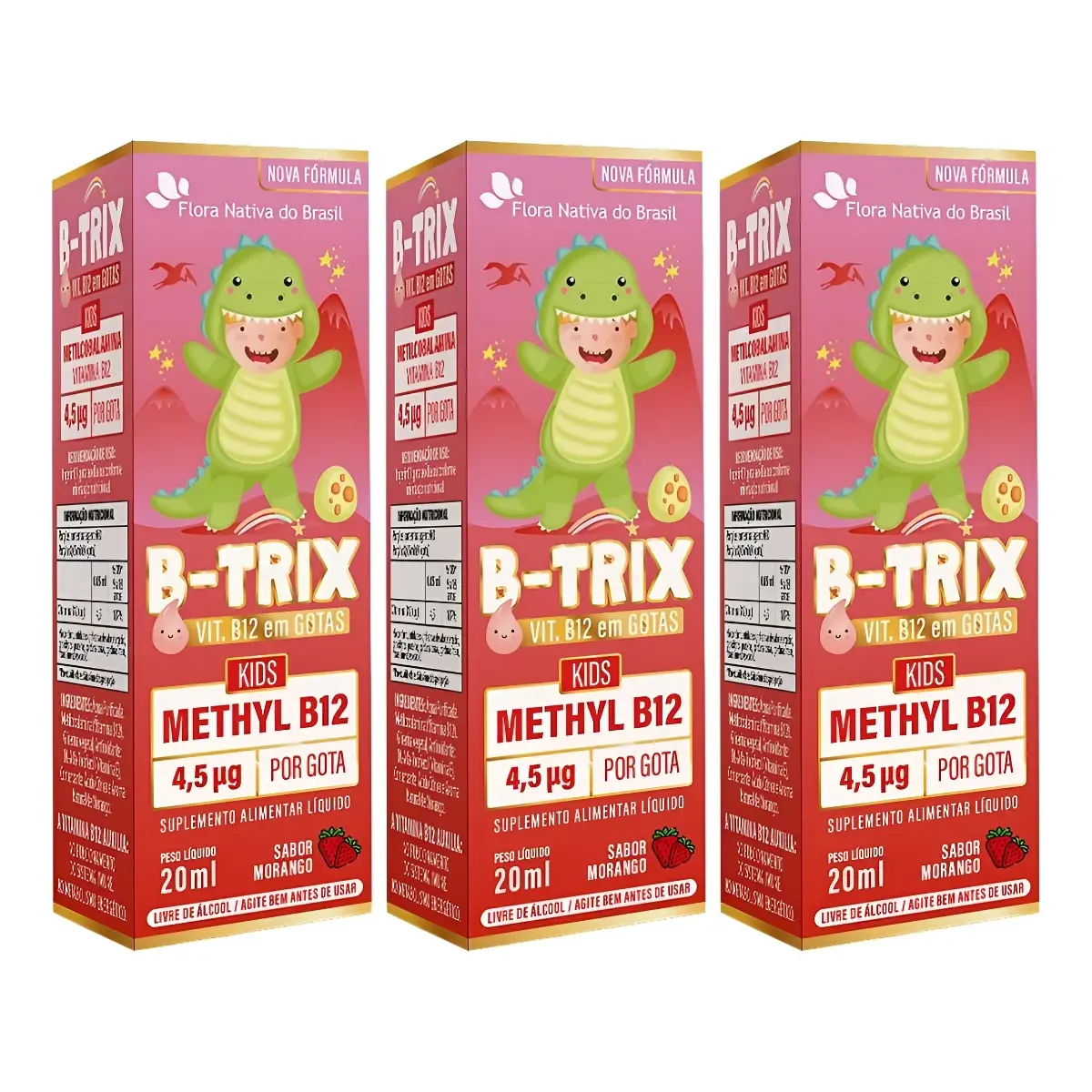 Kit 3x Flora Nativa Vitamina B12 Infantil Líquido Morango 20ml Cada