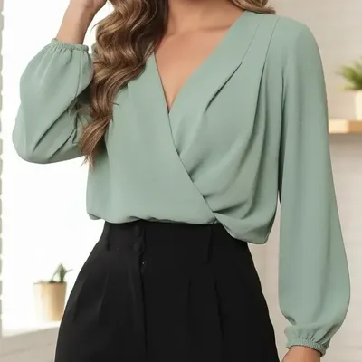 Blusa Feminina Transpassada Manga Longa Social Elegante Verde Menta Gg