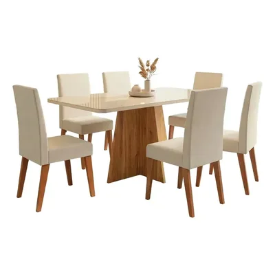 Sala De Jantar Mesa 1,60m Vidro Anjos 6 Cad Linho Milano Creme Linho